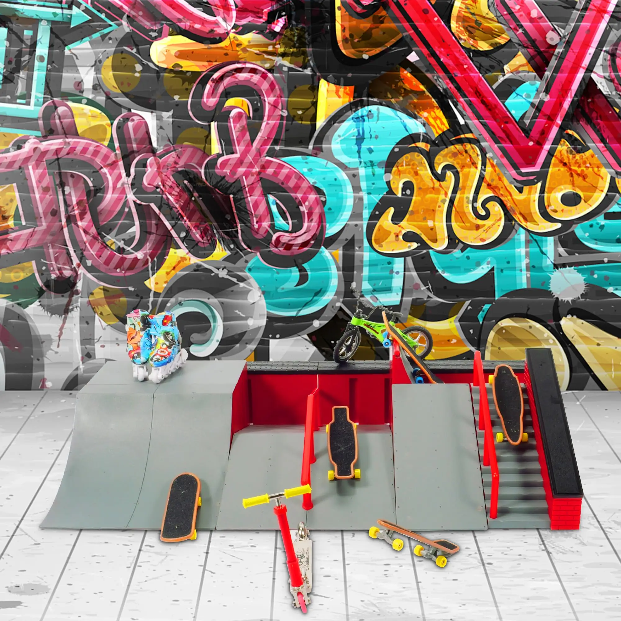 Finger Skateboard Park Kits (9 in 1), Finger Skateboard Rampen Set mit 5 Fingerboards, Finger Scooter, Finger Bike, Finger Skateshoe