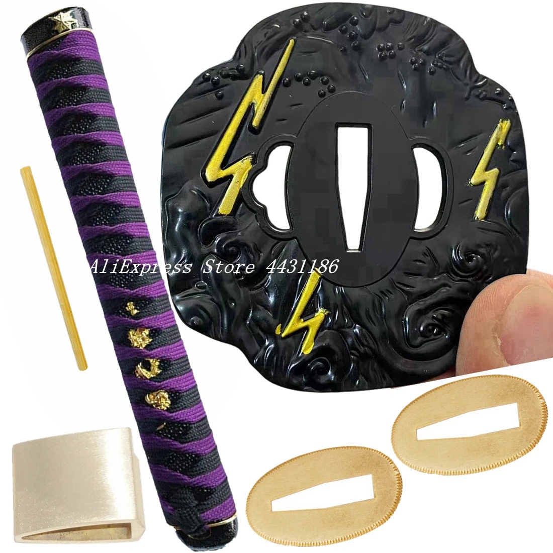 Liga preta relâmpago tsuba + menuk + fuchi + kashira + habaki + seppa + alça para espada samurai japonesa katana wakizash acessórios diy