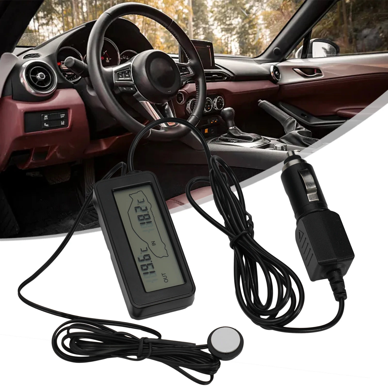 12V LCD Thermometer for Automobiles Measures and Displays Both In-Car Temperature and External Temperature with Separate Sensors