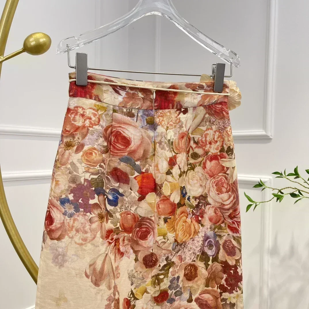 Flowers Appliques 2023 New High Quality Vintage Short Sleeve Floral Print Blouse and Self Tie Linen Midi Skirt Women Elegant Set