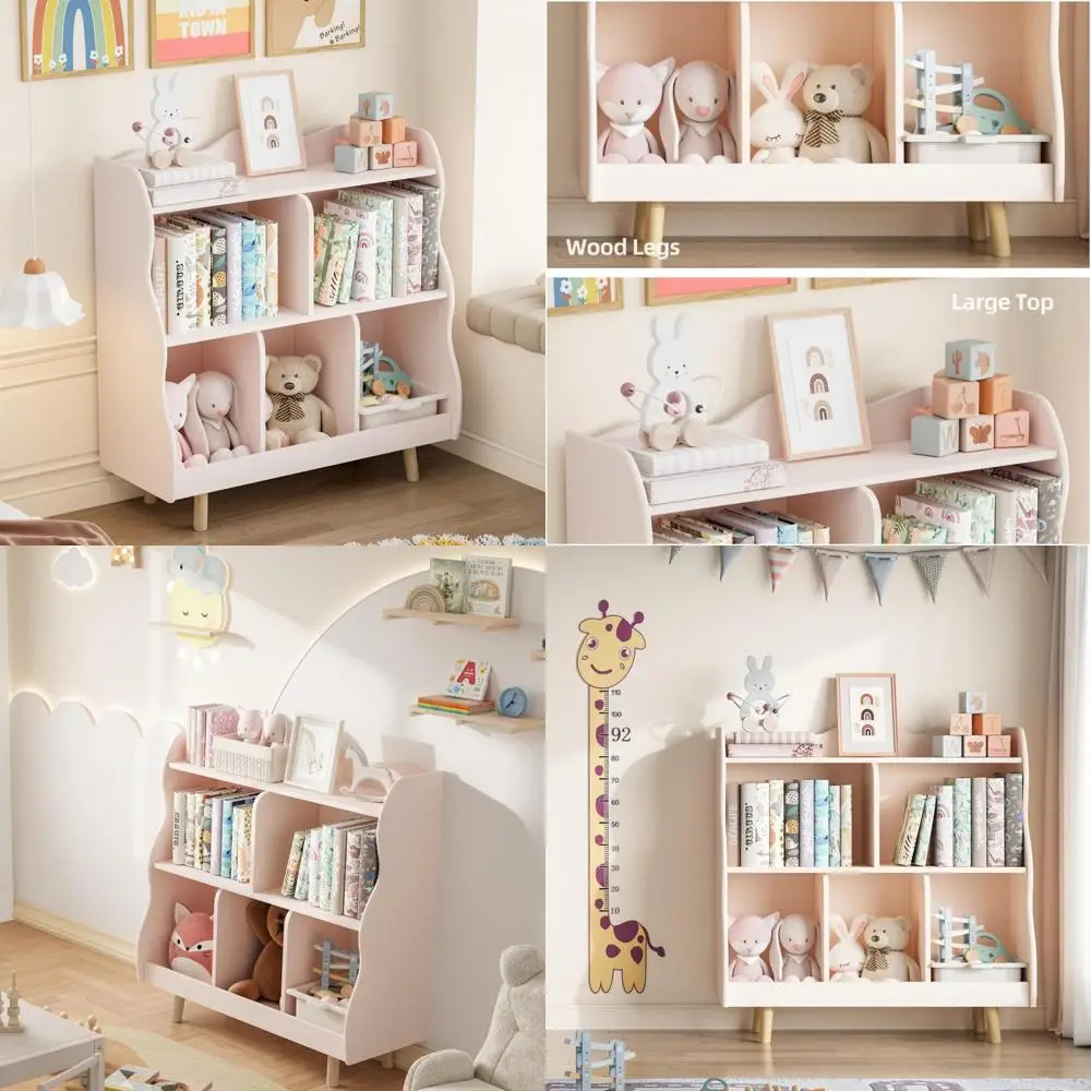 رف كتب خشبي منحني للأطفال مكون من 3 طبقات ومنظم ألعاب مع 5 مكعبات تخزين