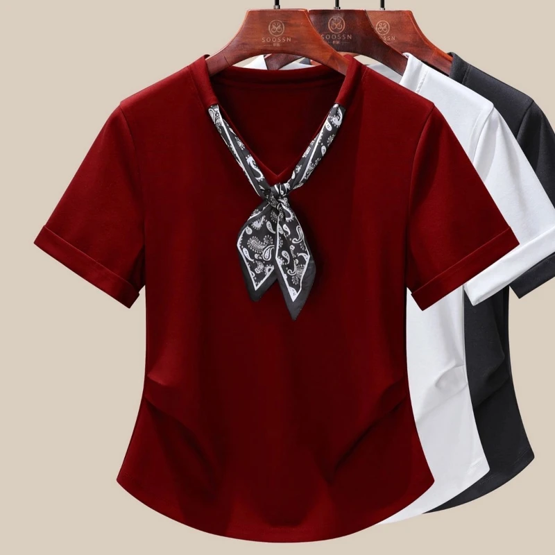 

Summer New Short Sleeve Solid Simplicity High Street Pullovers Top V Neck All-match Fashion T Shirts Korean Office Women Clothes