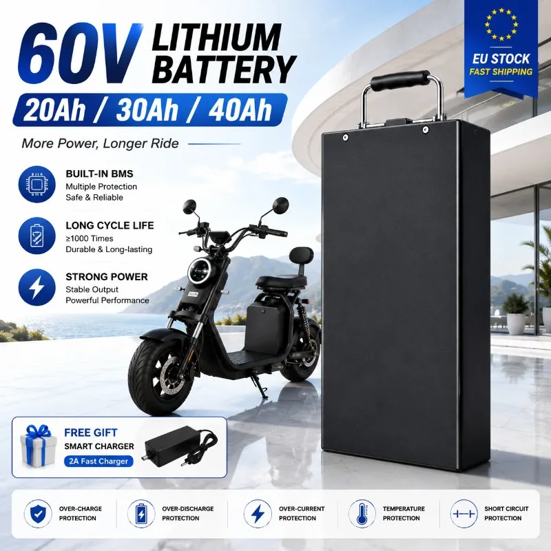 Für Harley-Style Elektromotorrad-Akku 60V 20Ah 30Ah 40Ah 18650 Lithium-Akku, geeignet für CityCoco Scooter, Fat Tire Elektrofahrrad, wasserdichter Akkupack mit 67,2V-Ladegerät.
