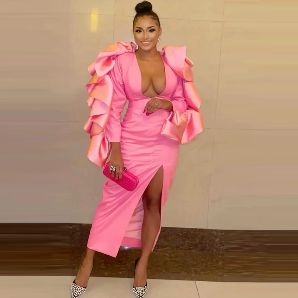 Hot Pink Women Party Dresses Ruffles Long Sleeves High Slit Birthday Gowns Deep V Neck Aso Ebi Formal Dress For Photo Shoots