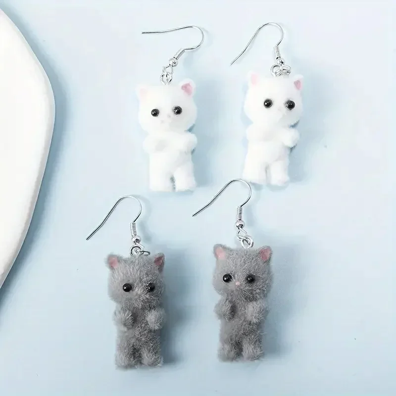 Resin Flocked 3D Cat Earrings - Playful Cartoon Design, Velvety Texture, Ideal Holiday Party Accessory & Gift Idea