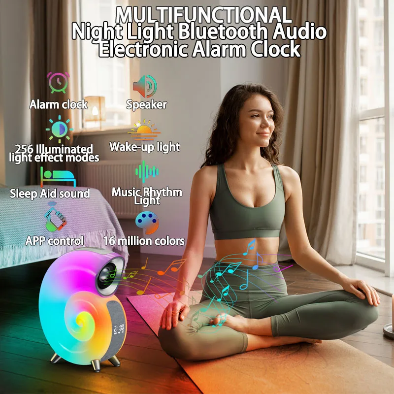 Lámpara de noche inteligente con despertador, luz RGB colorida con música, Control por aplicación de Audio Bluetooth creativo, USB para dormir al lado de la lámpara