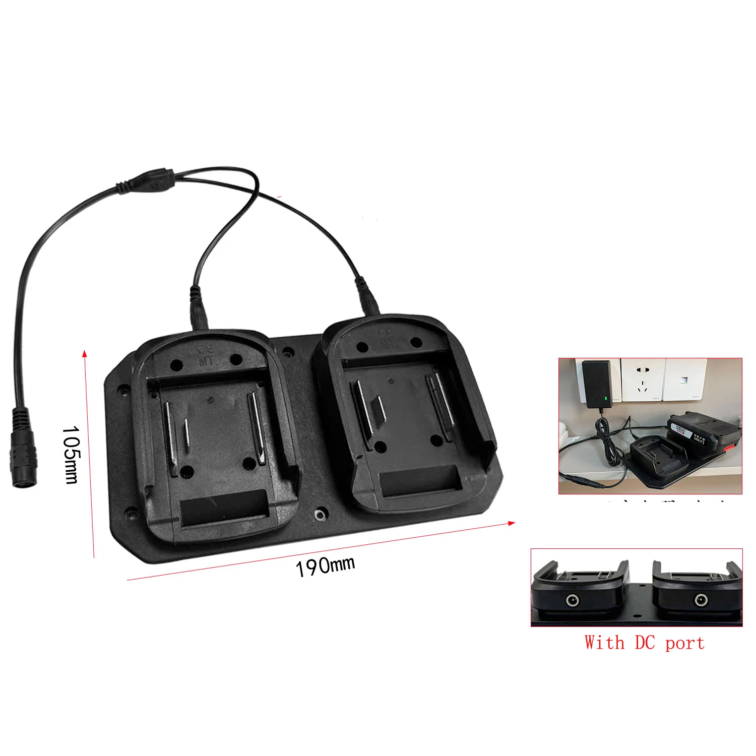 Lightweight Dual Port Battery Charger for BL1830 BL1840 with Wall Mount Bracket Compact 19 x 10.5cm Black Plastic Unit