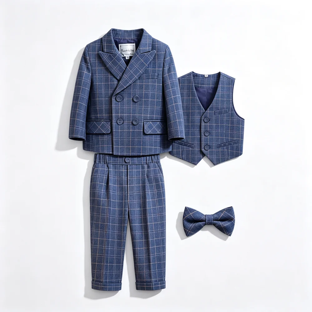 Boys Plaid Suit Set 4Pcs Kids Formal Outfit Blazer Vest Pants Bow Tie Wedding Birthday Party Gentleman Costume for Kids Boys