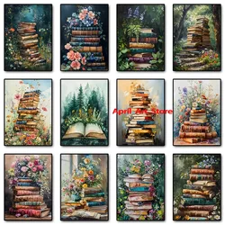 Vintage Stack of Books Flowers Bookish Poster Canvas Printing Retro Wall Art Picture Study Room Decor Book Lover Reading Gift