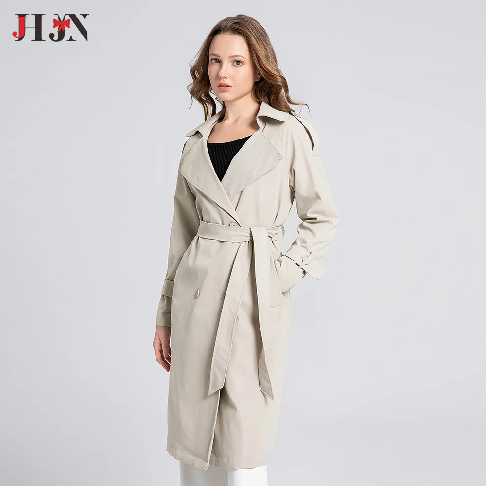 JHJN-Trench-coat beige pour femme avec ceinture, coupe-vent, double boutonnage, long, grand col rabattu, chaud, manteau de bureau pour femme