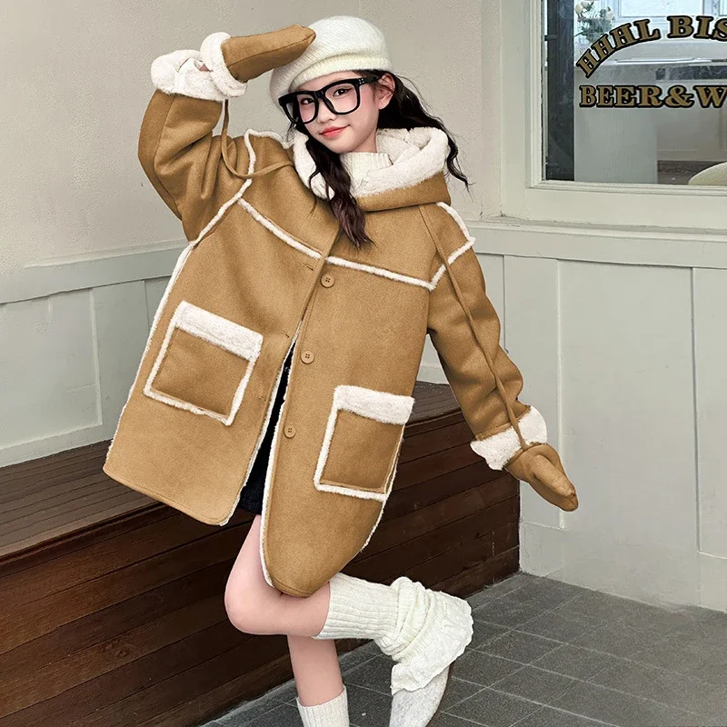 Girls' Winter Fur Integrated Warm Jacket 2024 New Middle-aged and Older Children's Girls' Korean Version of Children's Fur Coat