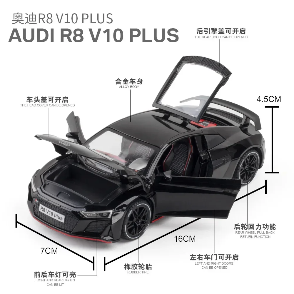 Diecast Liga Die Cast Toy Car Modelo, Volante Modelo, Som e Luz, Collectibles, Presente de Aniversário, Audi R8, V10 Plus, C66, 1:24