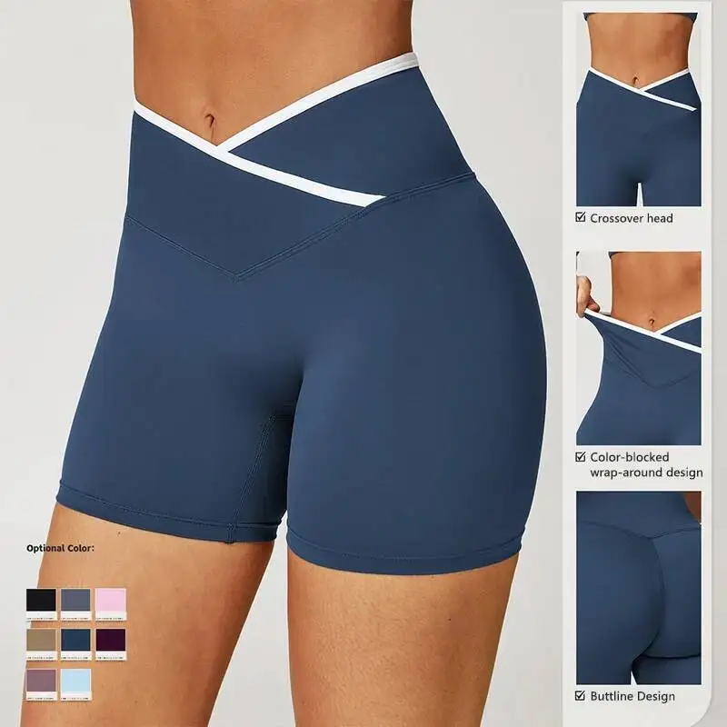 

Woman Short Sport Tights Bare Feel Hip Lift Tummy Control Compression Shorts Cross High Waist Workout Yoga Leggings