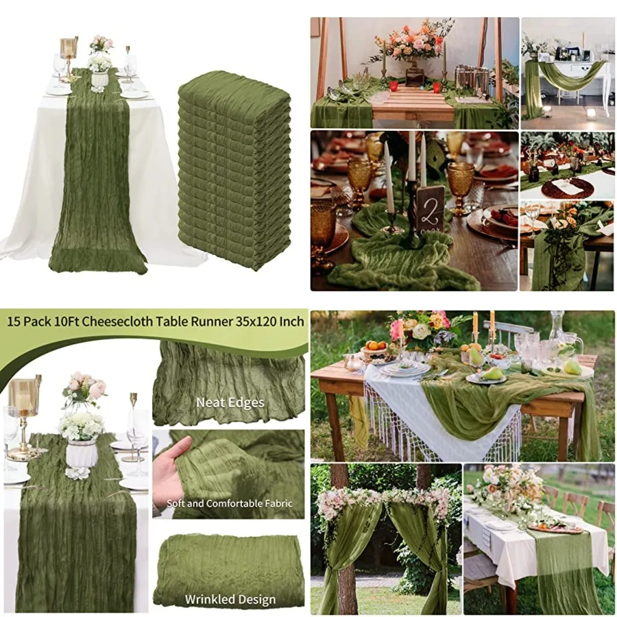 

15 Pack Cheesecloth Table Runner Grass Green 10Feet Gauze Cheese Cloth Table Runner 35x120 Inch Boho Table Runners for Wedding