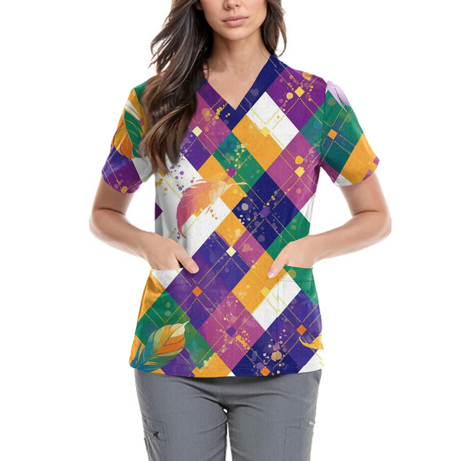 

Женская униформа медсестры, карнавальная одежда, топы, универсальный повседневный стильный пуловер с v-образным вырезом и короткими рукавами с принтом, базовый пуловер с карманами по бокам