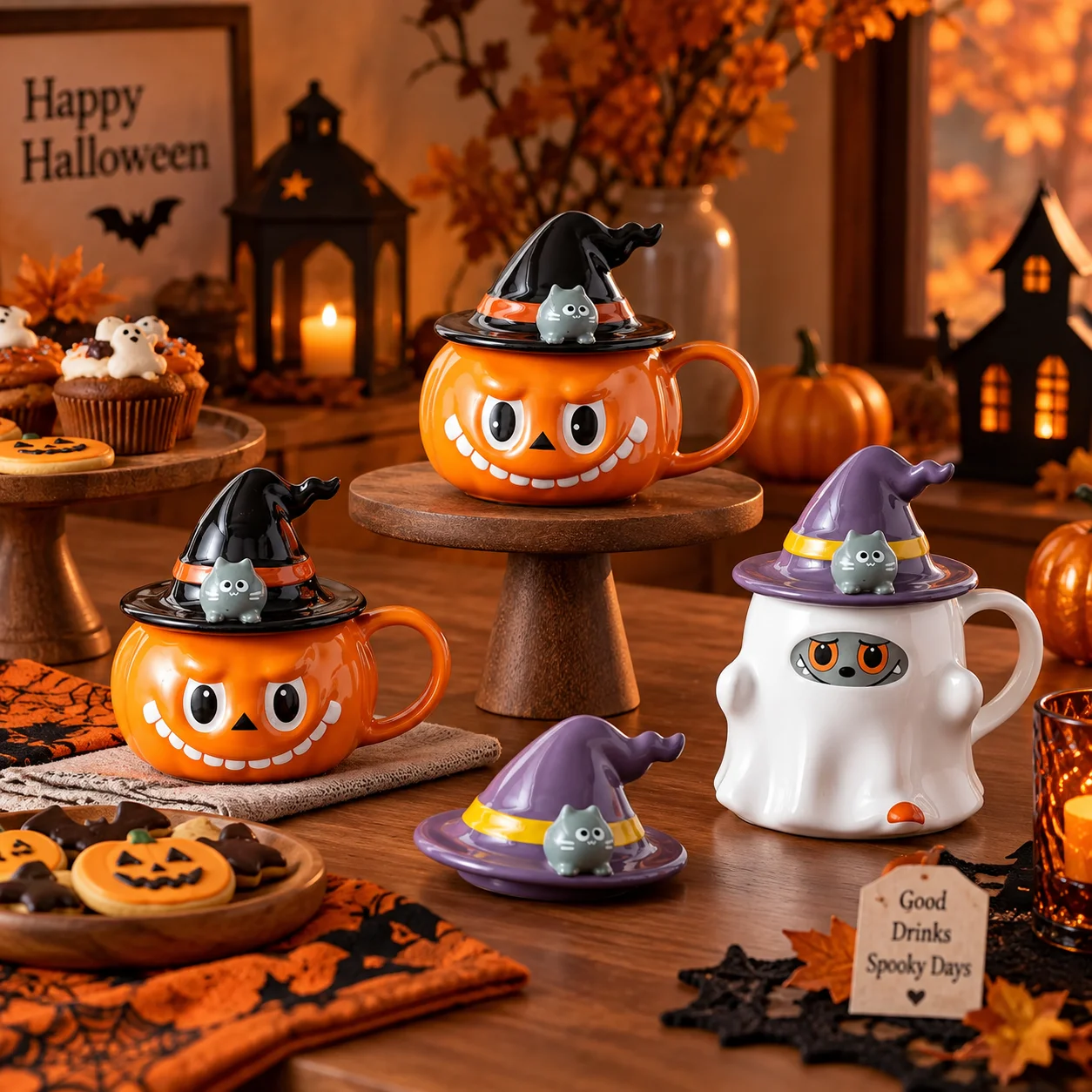 1Pc Creative Pumpkin Ghost Ceramic Cup Halloween Couple Water Cup with Lid Mug Funny Cup Office Coffee Cup