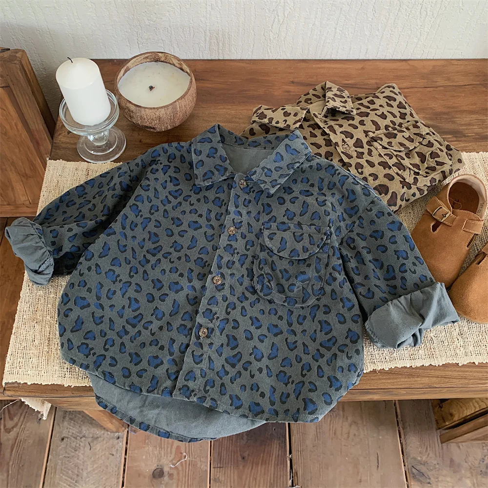 

Boys Fall Shirts 2025 Spring Autumn New Korean Fashion Long Sleeve Leopard Print Cotton Outdoor Coat for 2-8Y Kids