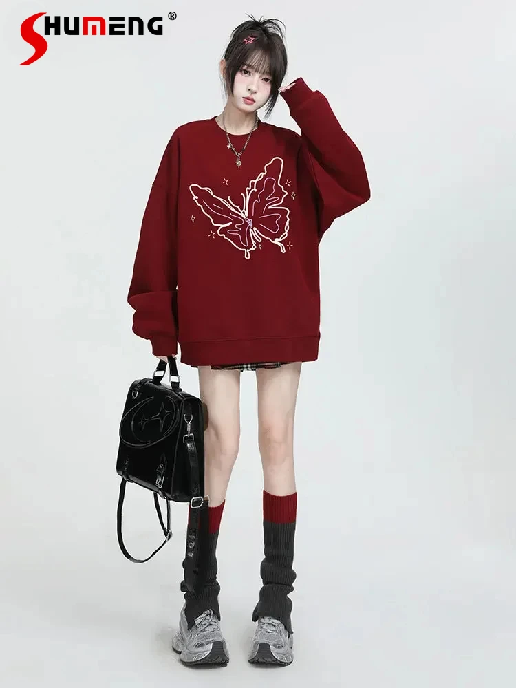 

Fashion Streetwear Sweet Cool Y2K Tops Lazy Casual Style Round Neck Long Sleeve Butterfly Print Loose Pullover Sweatshirt Women