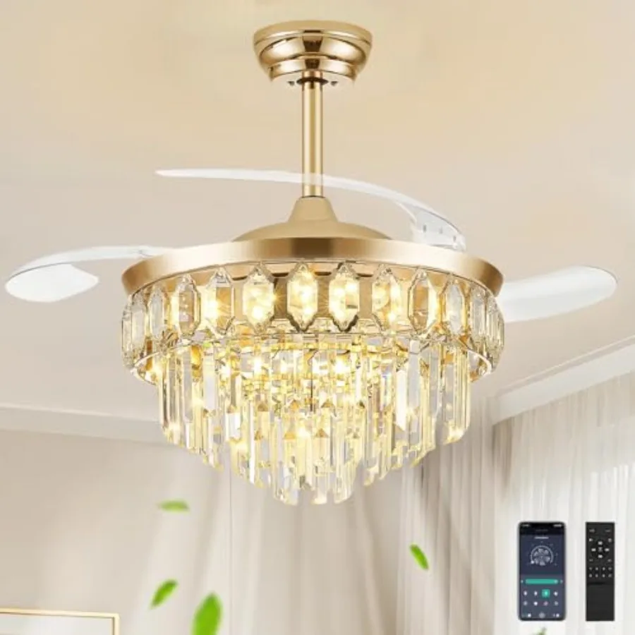 

42 Inch Fandelier Ceiling Fan with Light for Bedroom and Living Room, Gold Metal, 3 Color Temperature, 6 Wind Speed