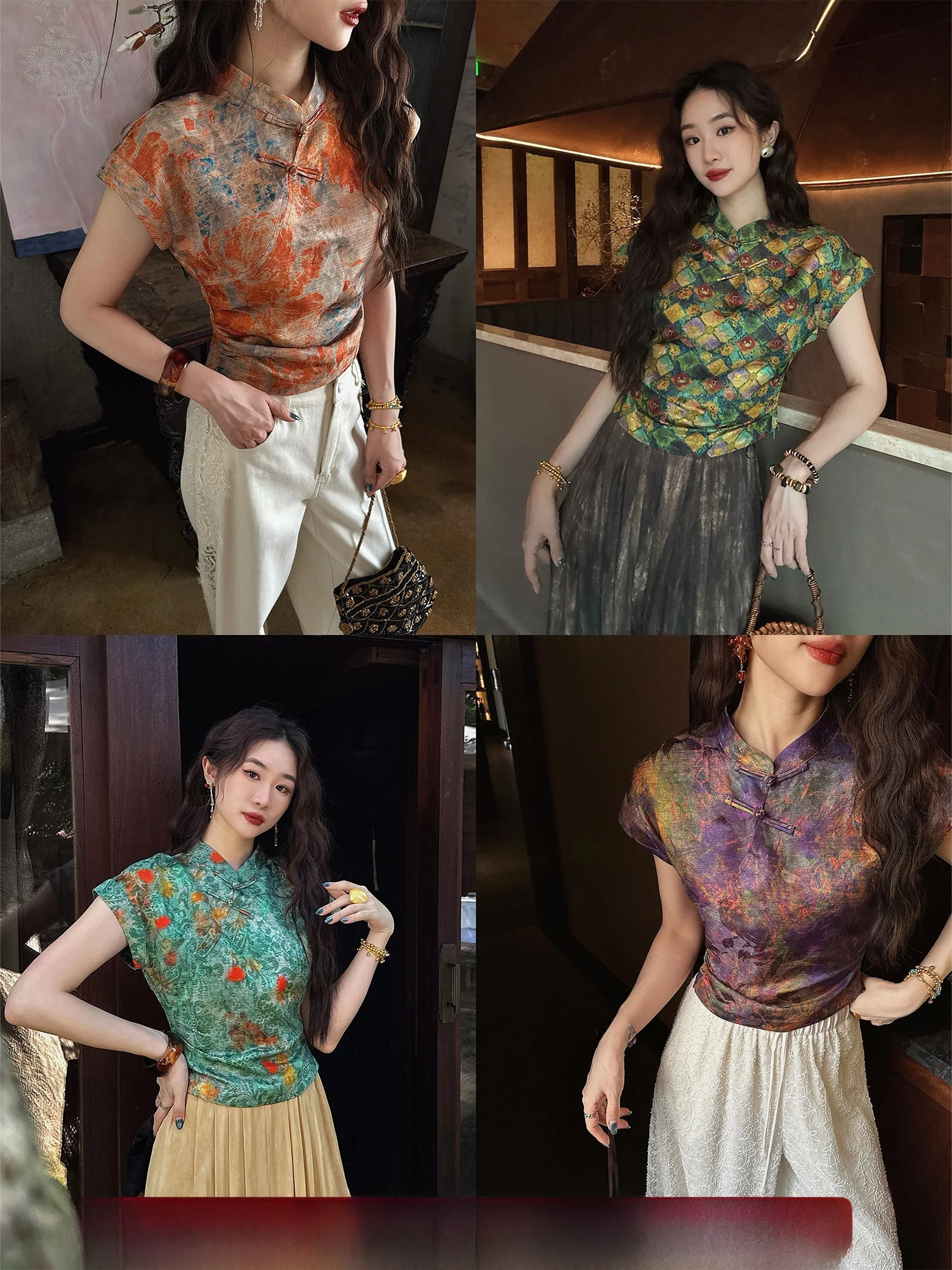 

Новая женская блузка Sanji Bla Flower в китайском стиле, элегантная, с коротким рукавом, из конопляной ткани, с принтом «Капли дождя», весенняя, для повседневной носки, в стиле «Флаг-роба»