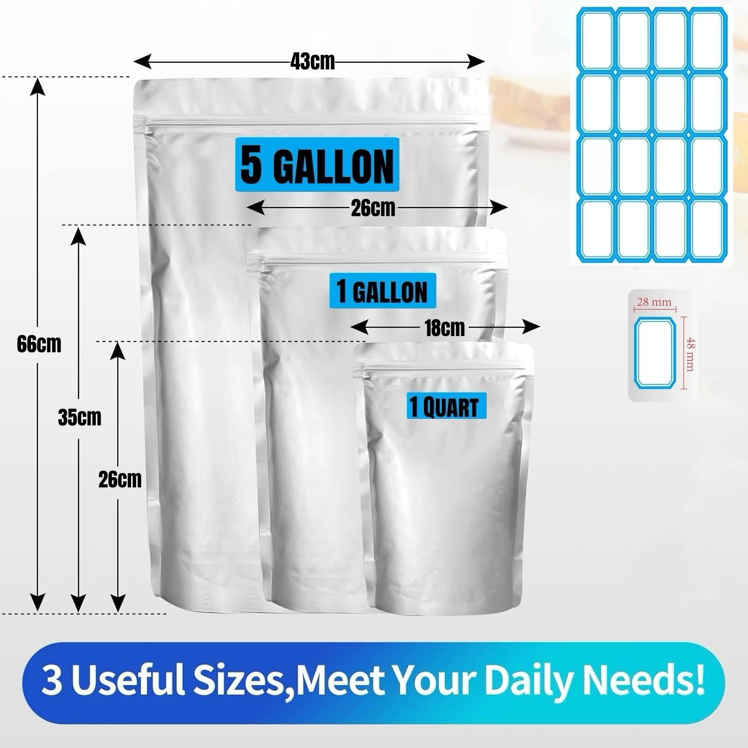 50pcs 1-Quart 1-Gallon 5-Gallon Mylar Bags, Stand-Up Reusable Airtight Smell Proof Resealable Bags Food Storage Large Pouches