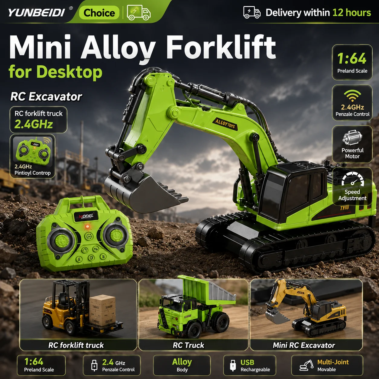 

1:64 Remote Control Alloy Truck Excavator Forklift with Trailer 2.4G_Hz Desktop Mini Bluetooth RC Car Child's Toy Festival Gifts