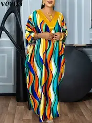 Plus Size Summer Dress VONDA 2024 Women Bohemian Printed Satin Maxi Long Sundress V-Neck Bat Sleeve Casual Loose Party Vestidos