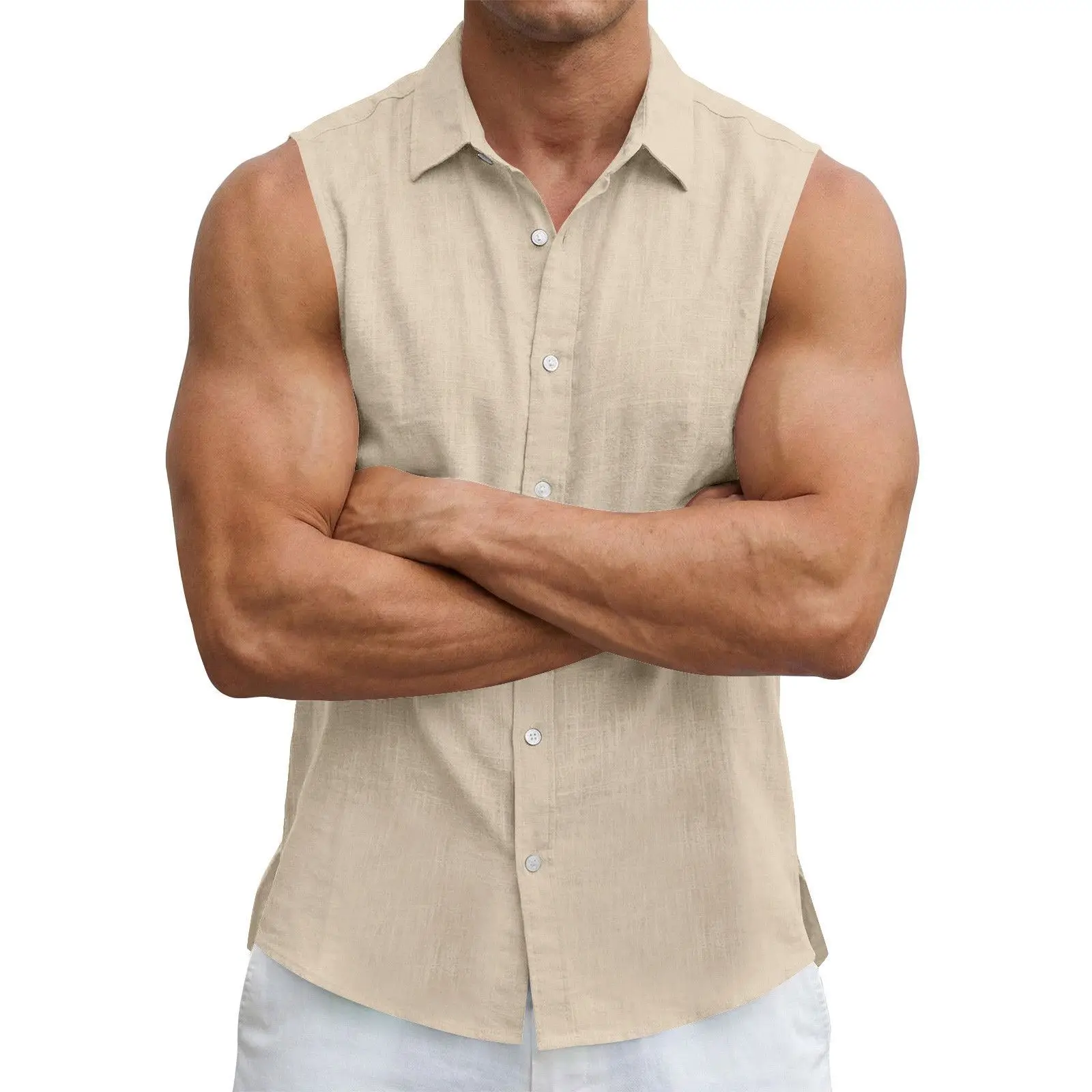 Men's Summer Solid-Color Cotton Linen Sleeveless Shirt Casual Sports Lapel Button Outdoor Fitness Breathable Cardigan