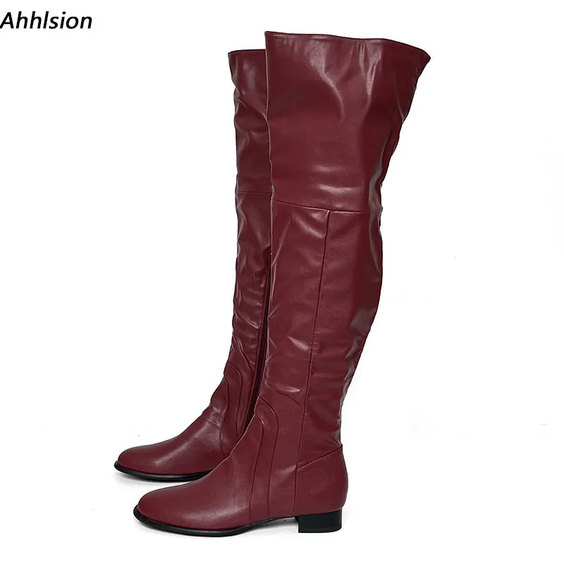 Women Handmade Winter Over Knee Boots Side Zipper Block Heels Round Toe Wine Red Banquet Shoes Ladies US Size 5-20