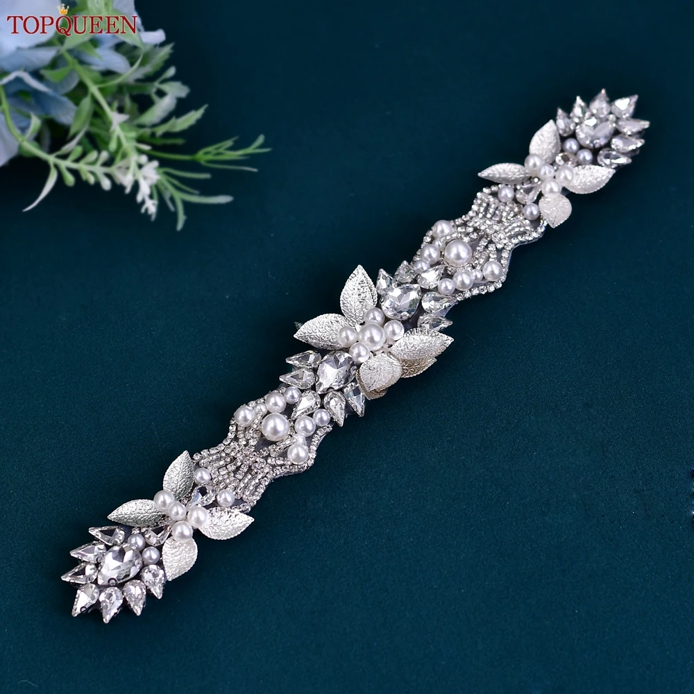 TOPQUEEN Handmade Bridal Belt Wedding Accessories Silver Alloy Leaves Pearl Rhinestone Sash Women'S Evening Dress Girdles S65