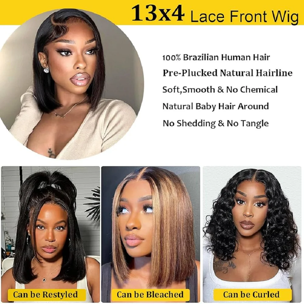 Wig Rambut Manusia Frontal Renda 13X4 Wig Bob Lurus Rambut Manusia untuk Wanita Wig Rambut Manusia 150 Kepadatan 8-14 Inci Warna Alami Pendek