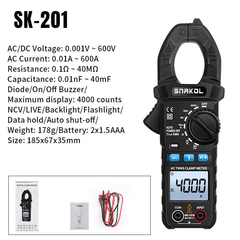 SK-203 Intelligent Clamp Meter 600A AC/DC Current/RMS 35mm Large Diameter Clamp Head Backlight + Flashlight Dual Illumination