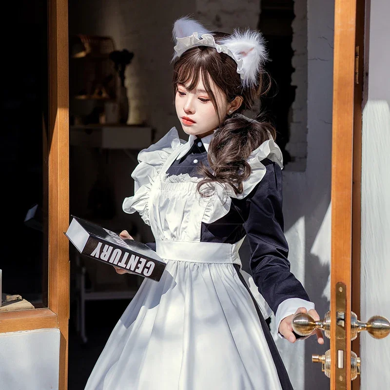 

Plus Size Maid Cosplay Classics Maidservant Attire Black Long Sleeved Dress Soft Girl Cafe Work Clothes Lolita Disfraz Anime