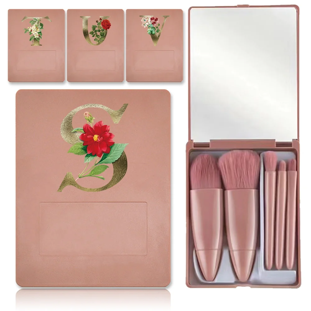 

5 Pcs Fashion Makeup Brush Kit With Mirror Storage Case Eyeshadow Loose Powder Lip Brush Container Golden Flower Letter Pattern