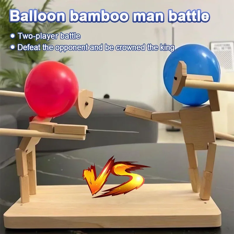 Balloon Bamboo Man Battle Handmade Wooden Fencing Puppets Wooden Bots Battle Game Two-Player Fast-Paced Balloon Battle Game