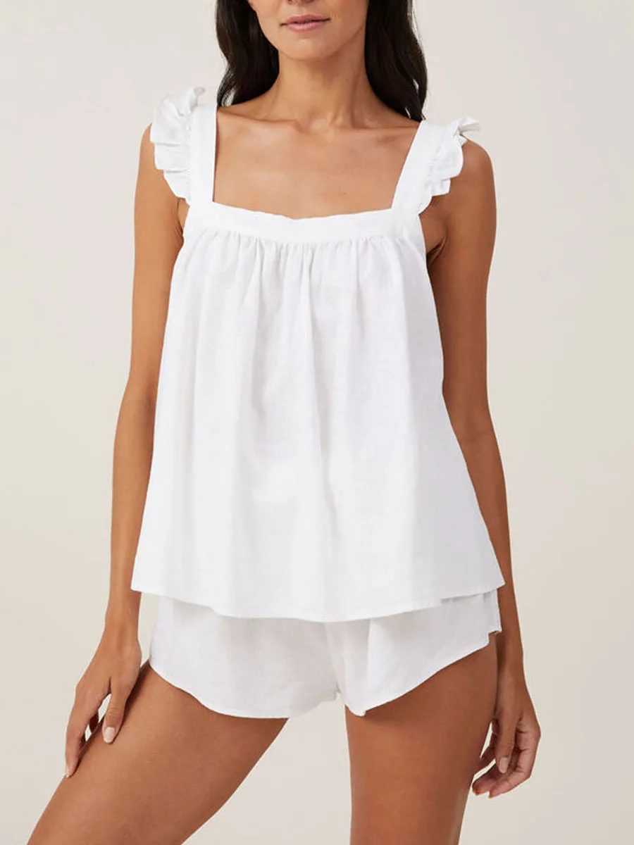 Damskie dwuczęściowe stroje Ruffles Square Neck Fly Sleeve Fashion Babydoll Tank Tops Elastic Waist Shorts Set Loungewear