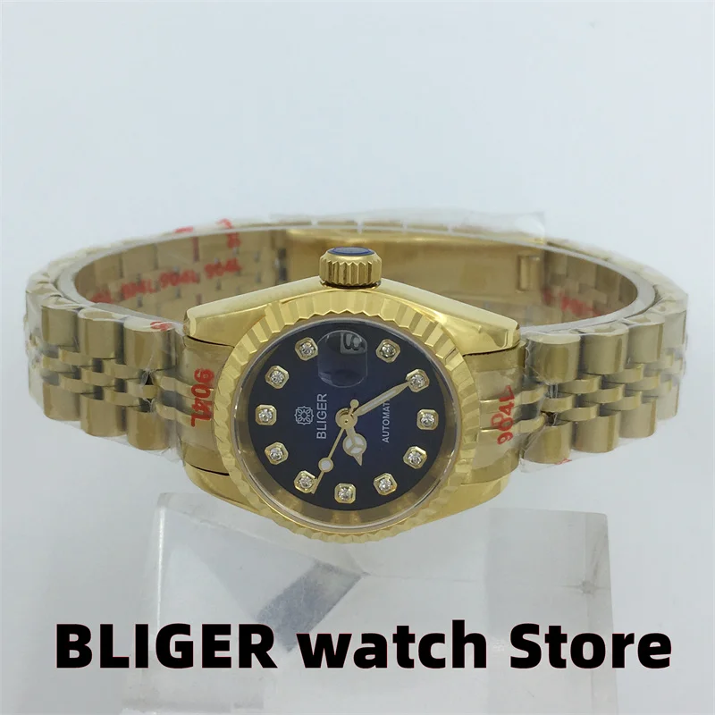 BLIGER-Reloj de lujo de 26mm para mujer, nuevo accesorio mecánico de cristal de zafiro japonés NH05 con esfera azul, índice de diamante, fecha y ventana