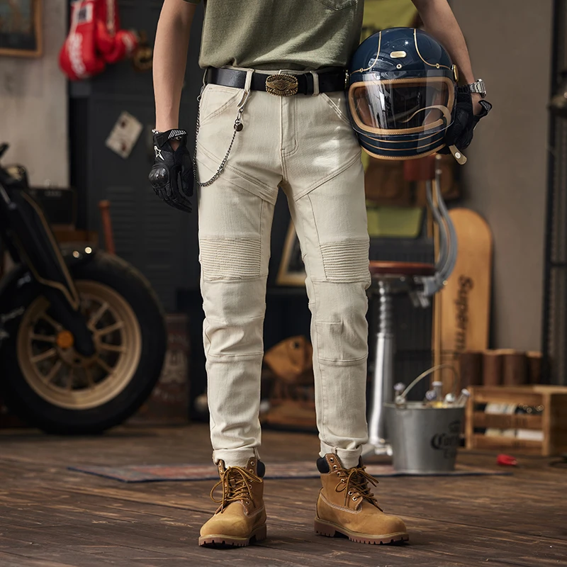 

Beige Pleated Stitching Design Motorcycle Jeans Men's High Street Fashion Slim-Fitting Ankle-Tied Fashion Brand Motorcycle Trous