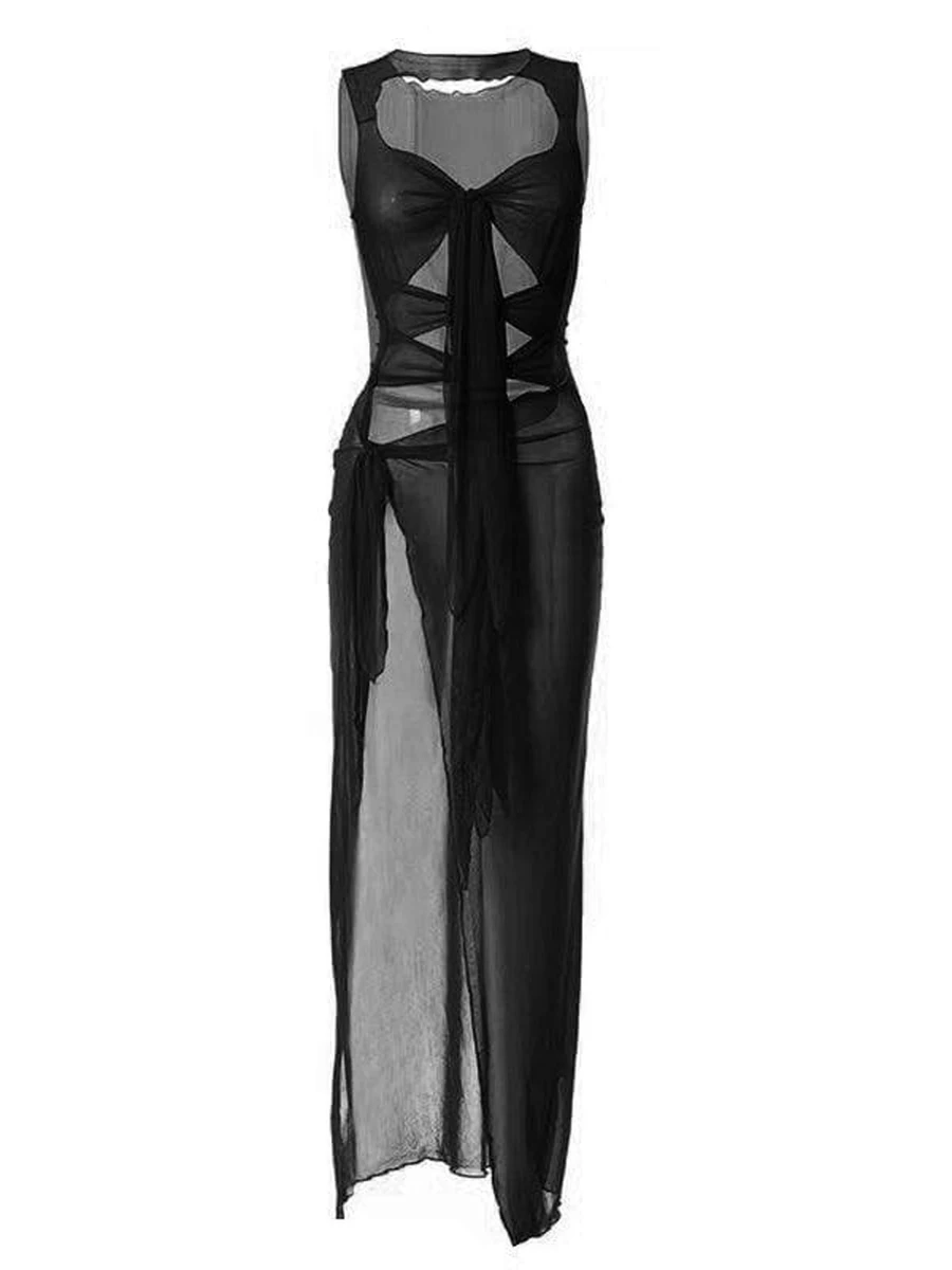 Damskie Sheer sukienka bez rękawów obcisłe sukienki Maxi Bbodycon Slim Fit Split sukienki koktajlowe imprezowe