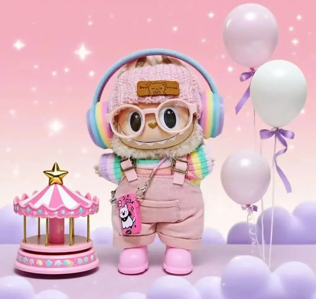 

LABUBU одежда милый розовый комбинезон, красочные комплекты для наушников, плиссированная юбка радужного цвета, аксессуары для лабу (без кукол)