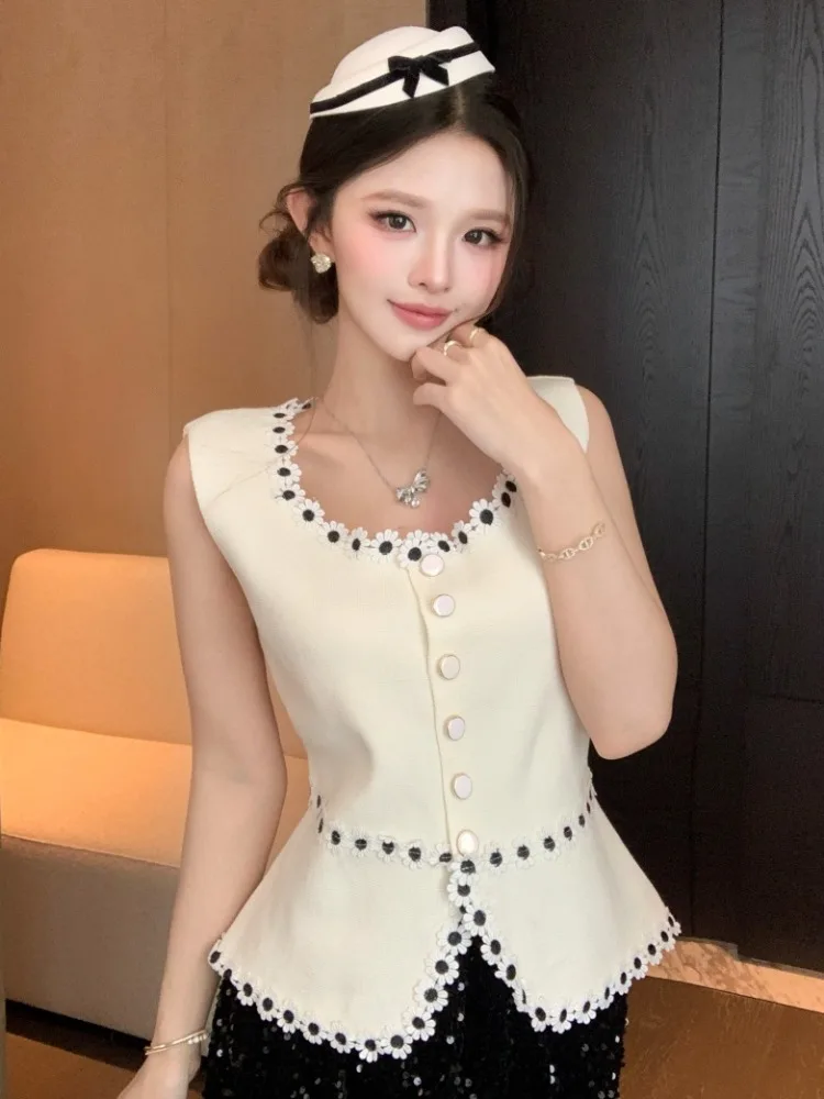 

Summer New Style Small Fragrance Wind Color Collision Flower Sleeveless Vest High Sense Elegance Slimming Fashion Versatile Top