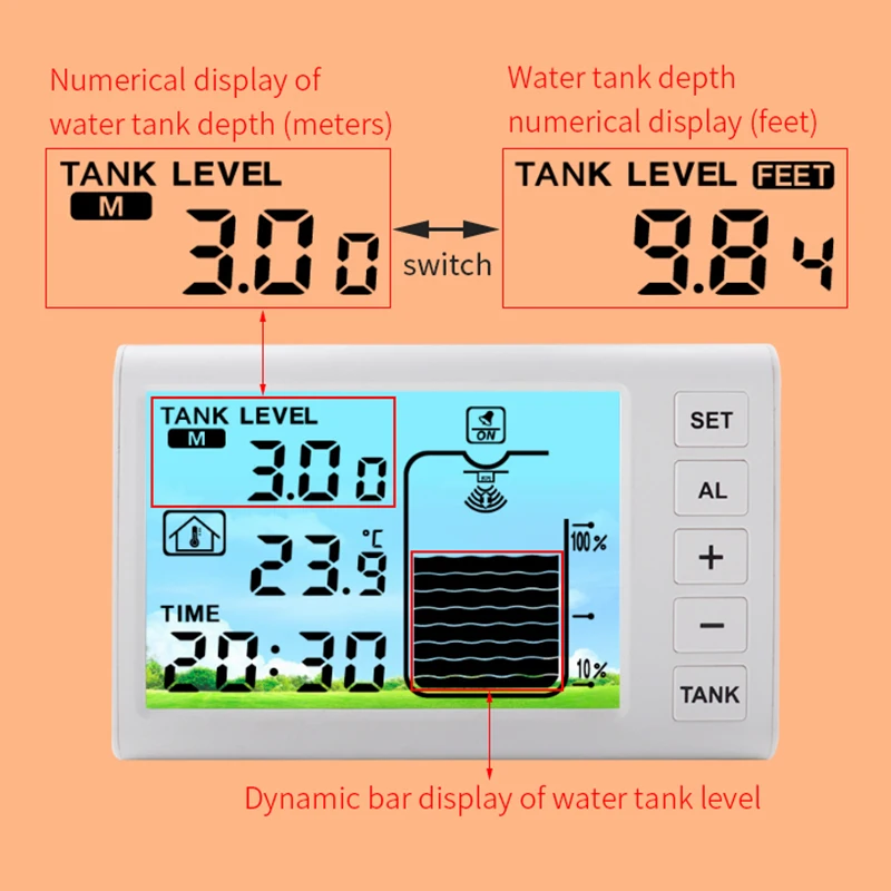 Solar Powered Ultrasonic Level Gauge Digital LCD Indoor Water Liquid Tank Depth Temperature Monitor Alarm Clock 100M Sensor -40℃