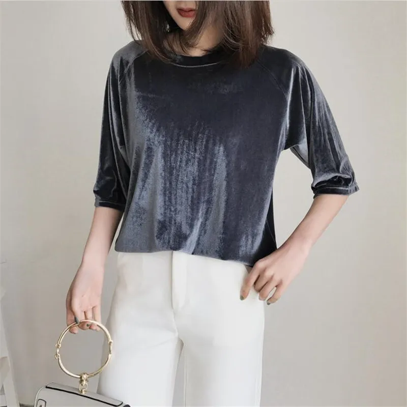 2024 Spring and Autumn Fashion Slim Gold Velvet Shirts Half Sleeve 0-neck Thin Tops Summer casual Velours Woman Blouse