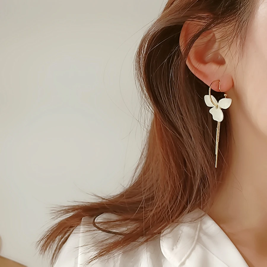 Japanese Korean Asymmetrical Petal Flowers Long Tassels Clip on Earrings for Women No Pierced Mosquito Coil Ear Clips Earrings