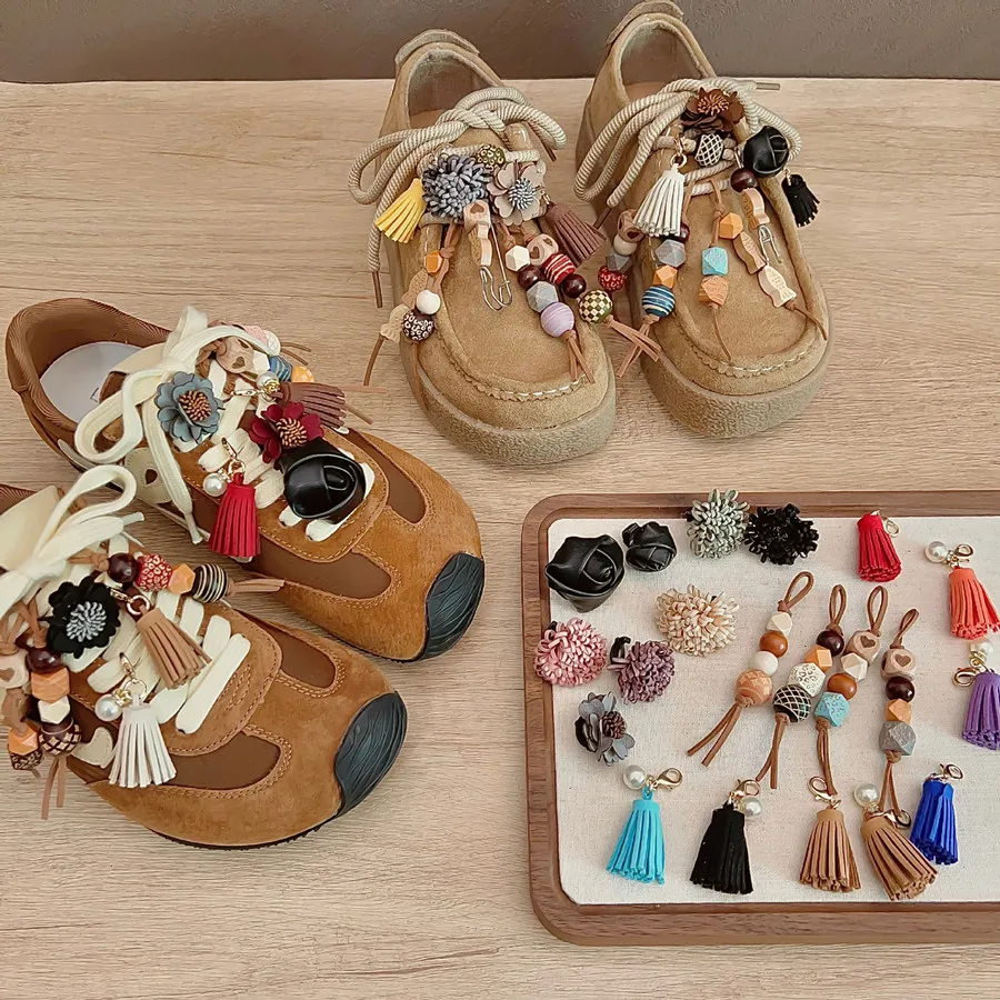 Brown-toned Wood Beaded Pendant Autumn Winter Maillard Tassel Shoe Buckles Accessories For Sports DE Training Shoes Casual Shoes