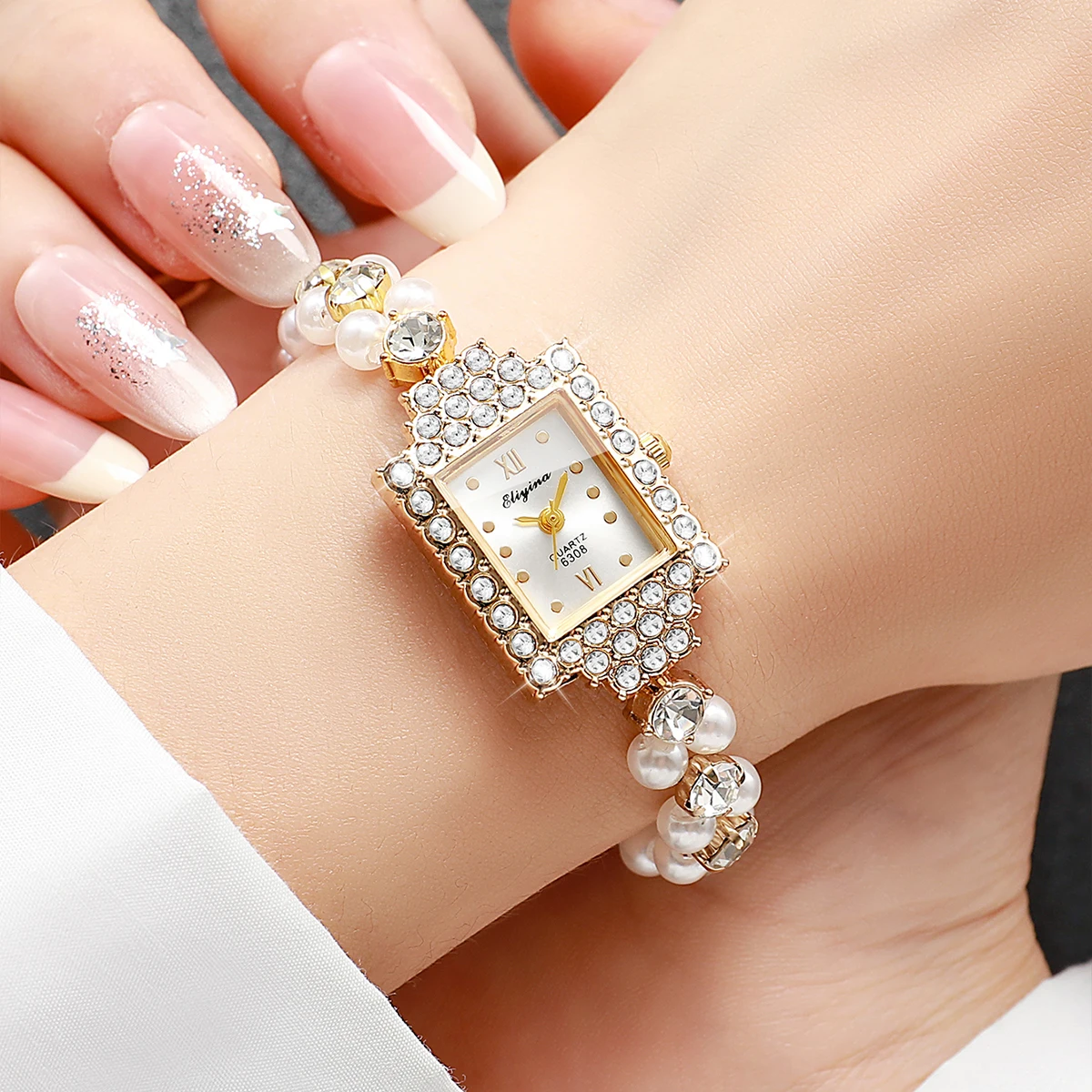 1/2PCS Elegant Rhinestone Rectangle Dial Women Watches Fashion Pearl Bracelet Strap Wristwatch Set Reloj Mujer (Without Box)