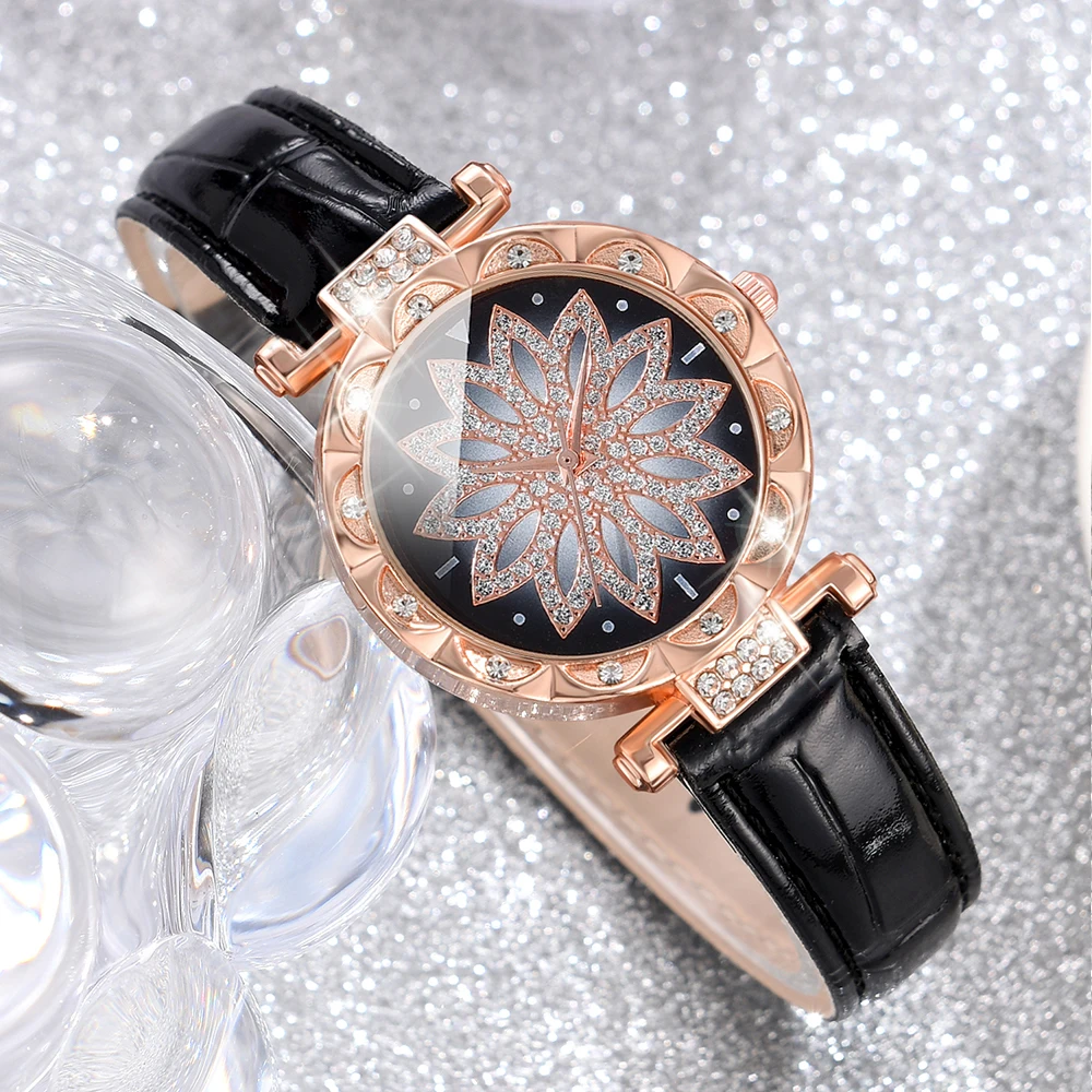 Black 5PCS/Set Women Watch I Love Mama Quartz Wristwatch Shiny Rhinestone Simulated Watch Jewelry Set Gift For Mom