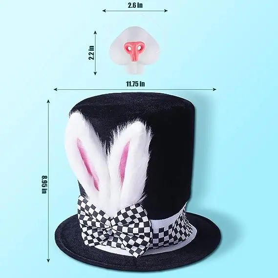 PESENAR Bunny Ear Top Hat for adult, Mad Hatter Rabbit Topper Plush Hat Halloween Party Costume Accessory