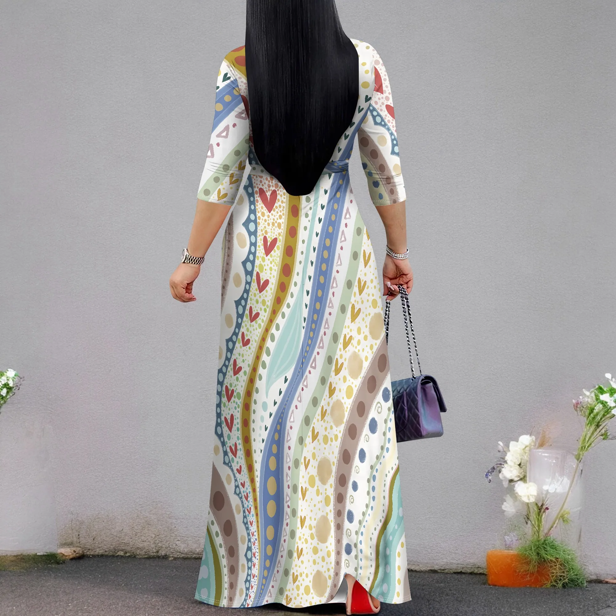 Nupusa Heart & Dot พิมพ์ชุดผู้หญิงขนาดมาตรฐานฤดูร้อนลําลอง V คอ 3/4 แขนเสื้อ Maxi ชุด