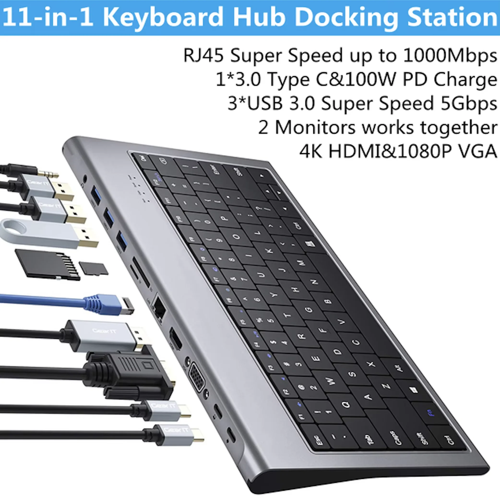 

JSCU 11-in-1 Keyboard USB C Docking Station, Laptop USB C Dock Hub Adapter With HDMI, VGA, Ethernet, SD/TF, USB 3.0,Audio